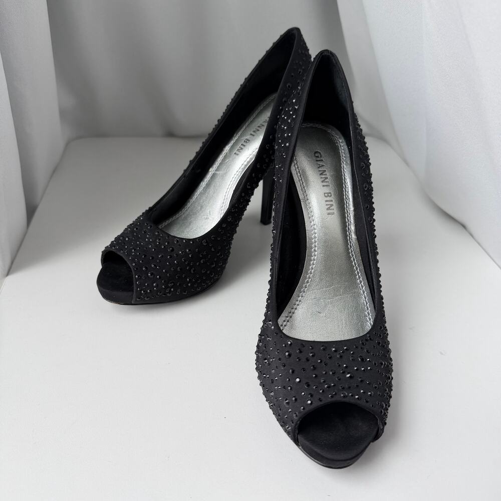 Gianni Bini (7M) Black Rhinestone Peep Toe Platform Stiletto Heels Glam